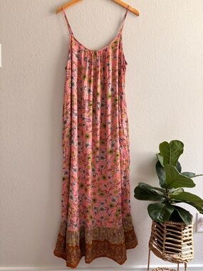 Kori American Bohemian/boho Tiered Maxi Dress Pink Print flowers  Sun Dress s/m